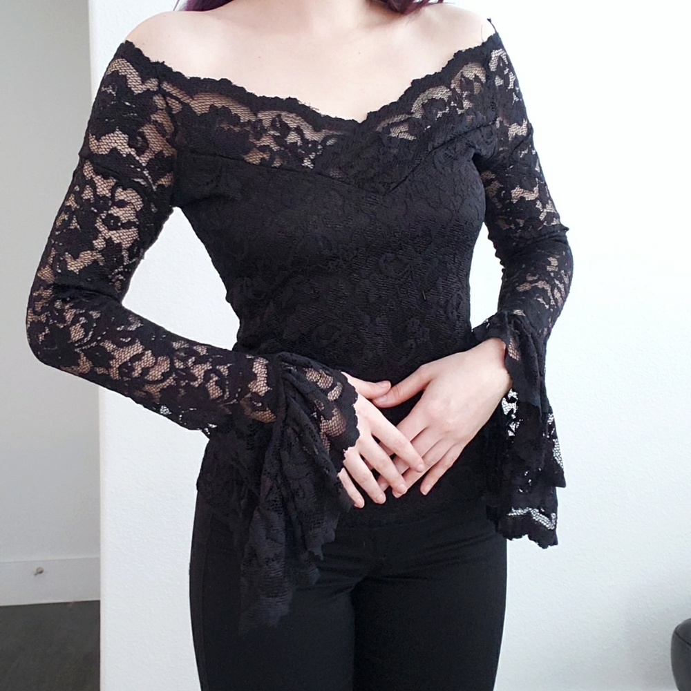 Black lace bell sleeve top